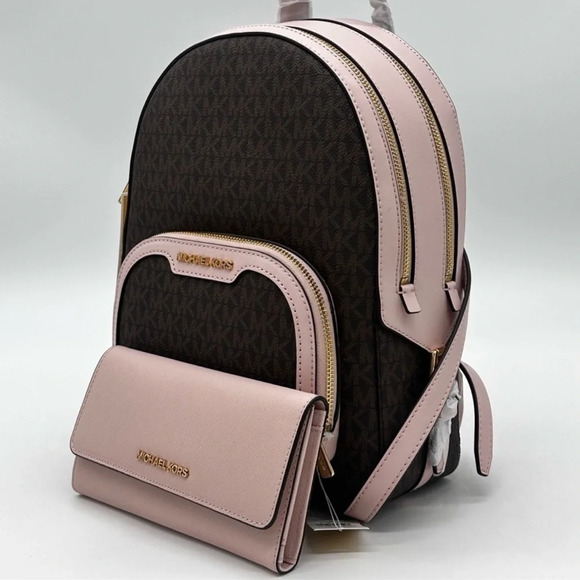 Michael Kors Medium Jaycee Zip Packet Backpack & Trifold Wallet Powder Blush - Picture 1 of 10
